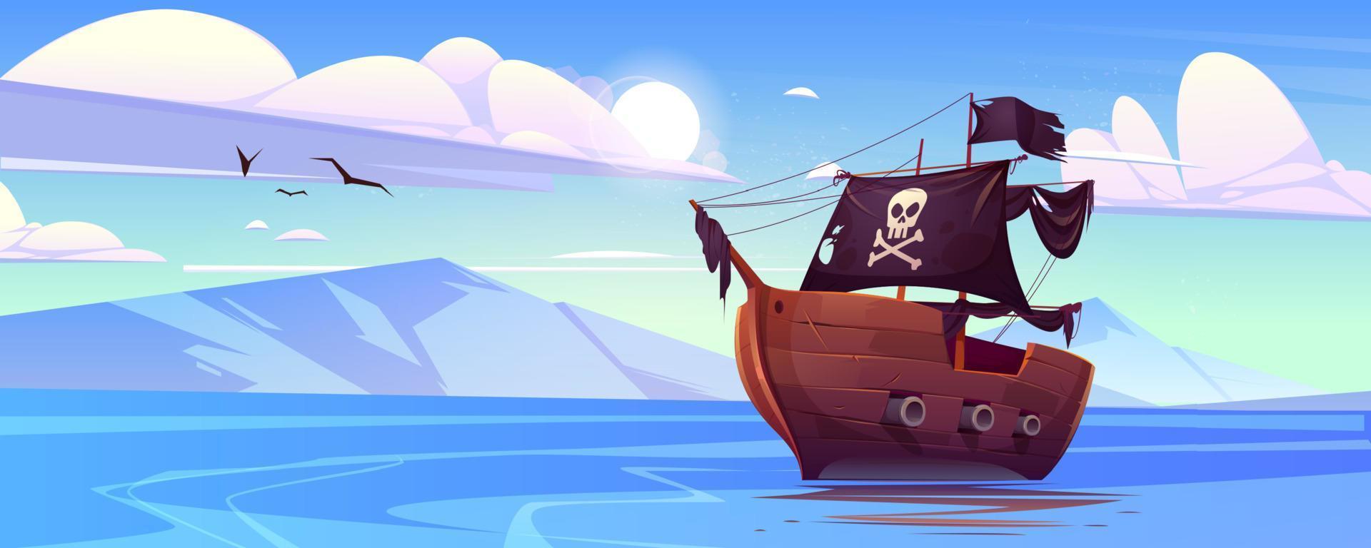 Pirate ship with black sails and flag with skull vector