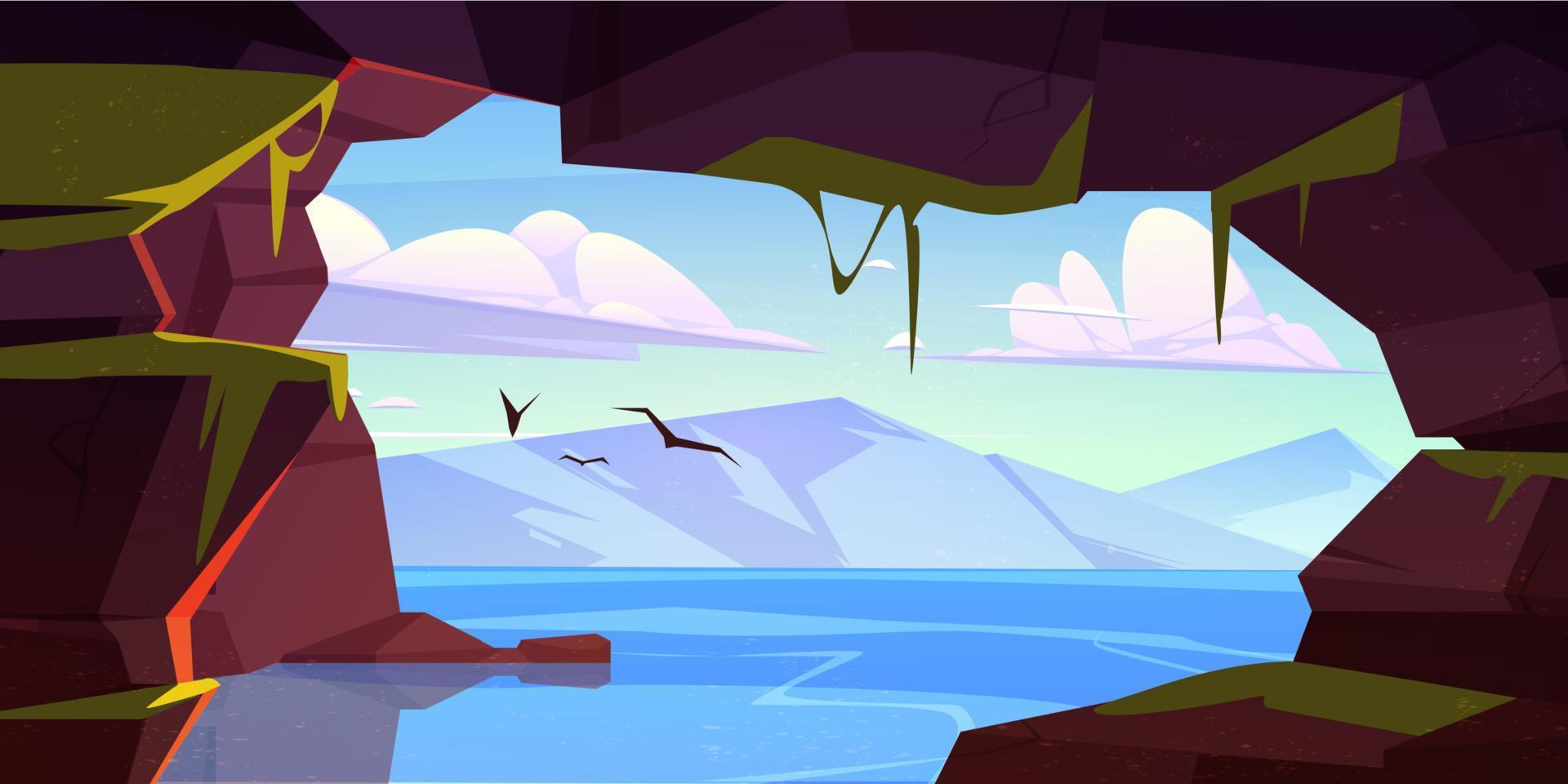 Cave in rock with view to lake and mountains vector