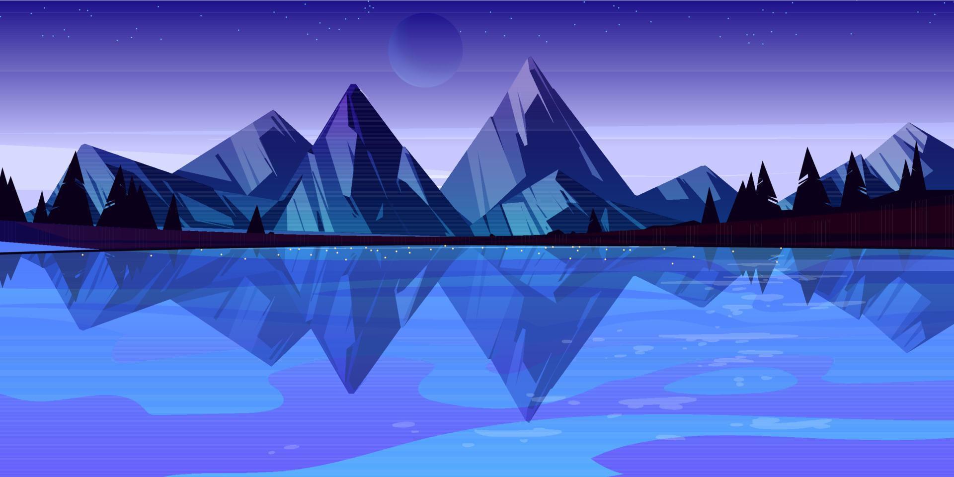 Dusk mountain lake scenery landscape, night pond vector