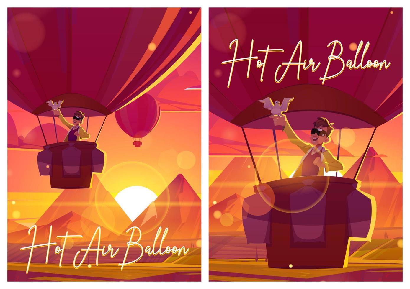 Hot air balloon with man and dove at sunset vector