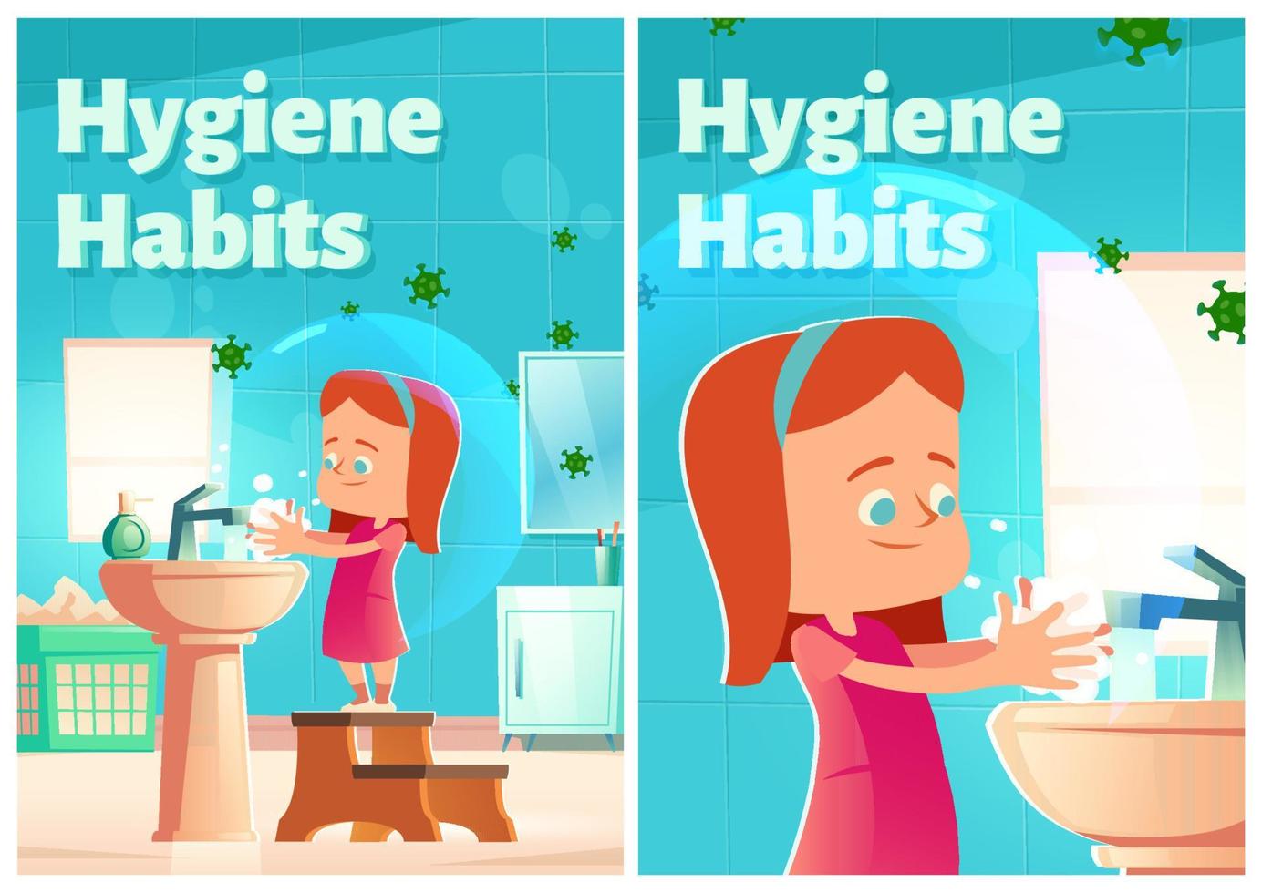 Hygiene habits cartoon posters. girl washing hands vector