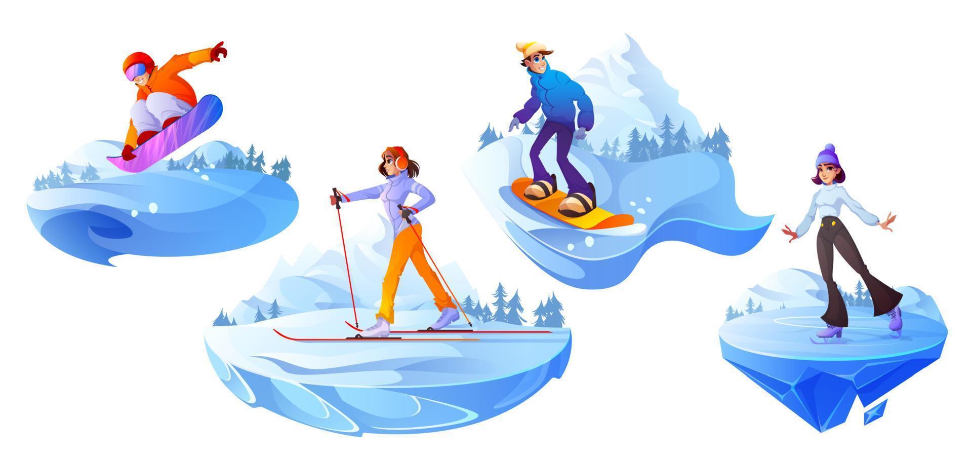 People engage winter sport active recreation set vector