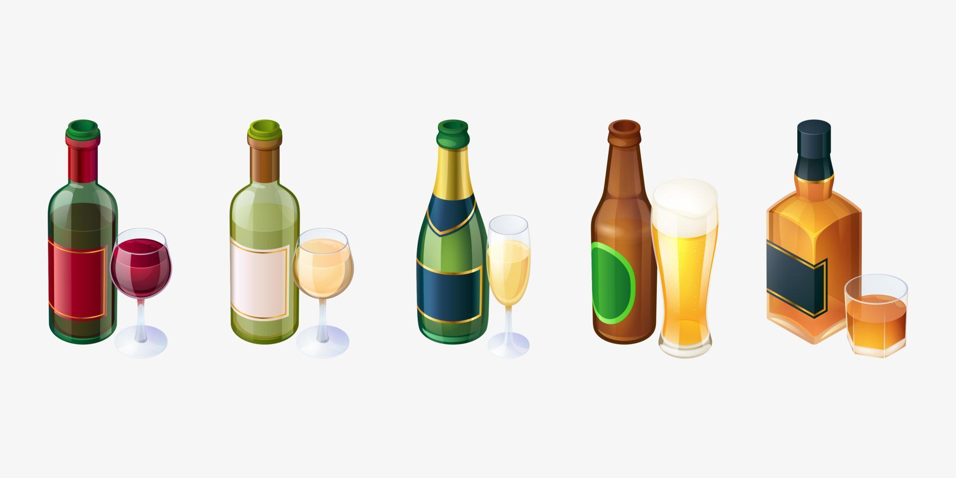 Set bottles and glasses, red and white wine, beer vector