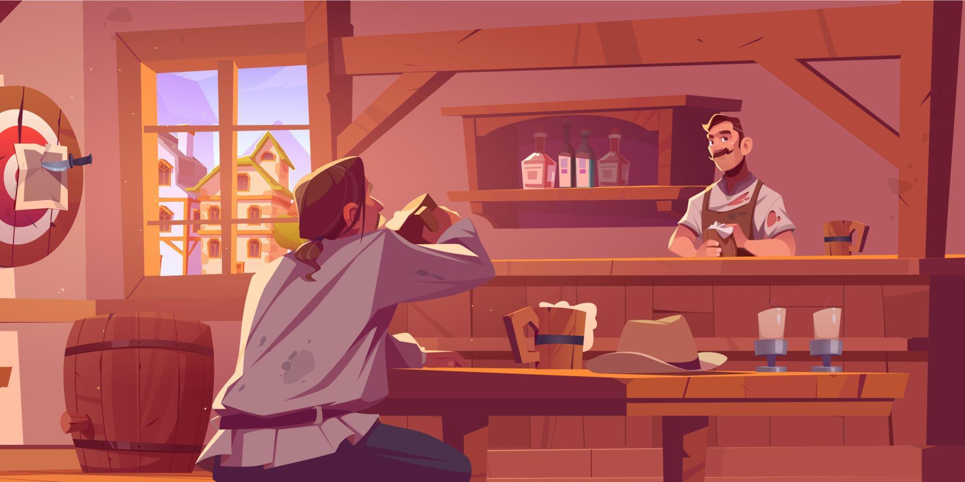 Man in wild west beer pub, retro cowboy saloon vector