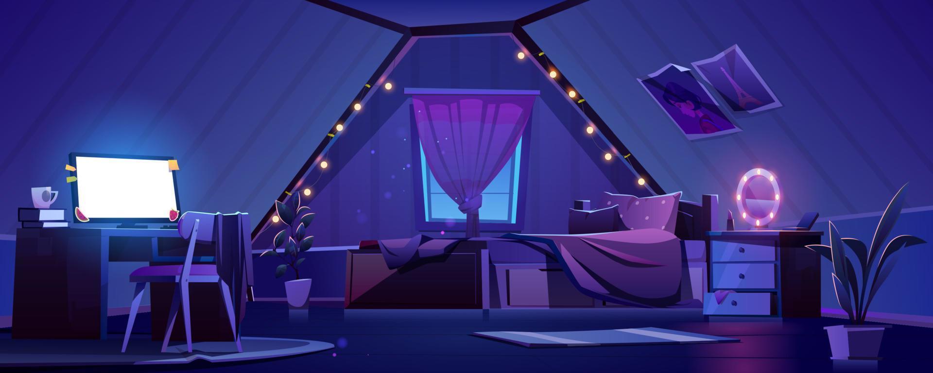 Girl bedroom interior on attic at night vector