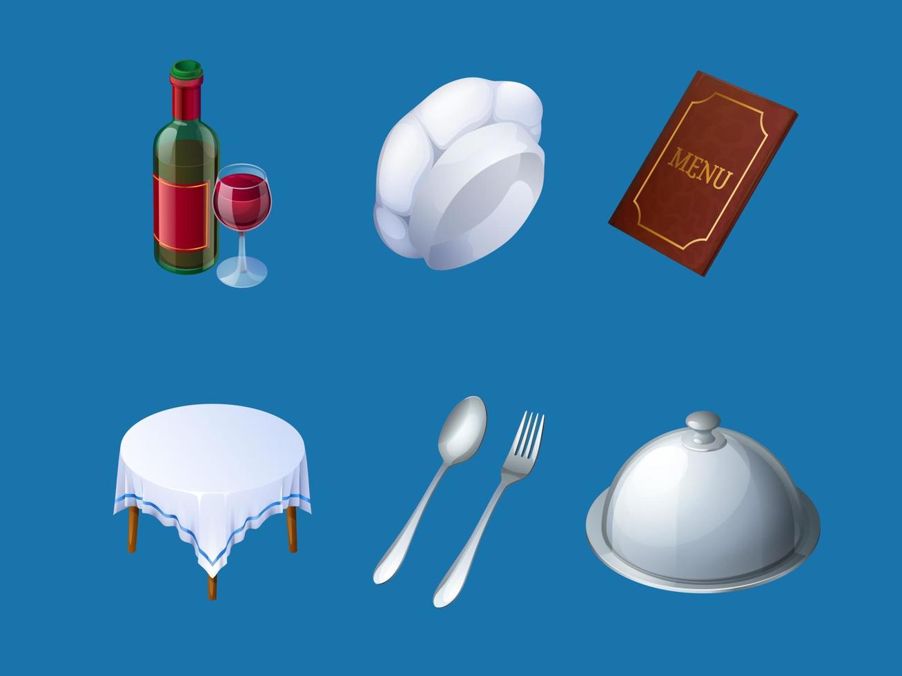 Icons of restaurant menu, chef hat, tray and wine vector