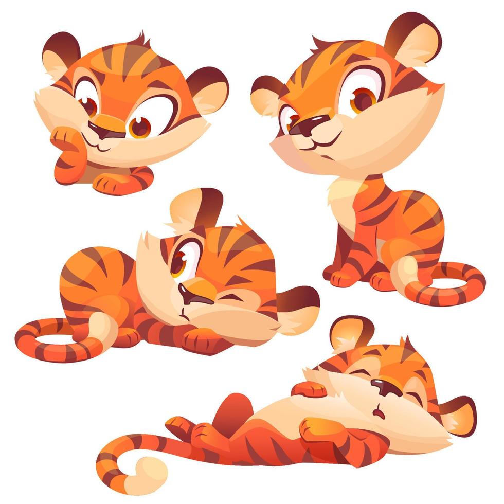 set caricatura bebé tigre, lindo animal cachorro personaje vector