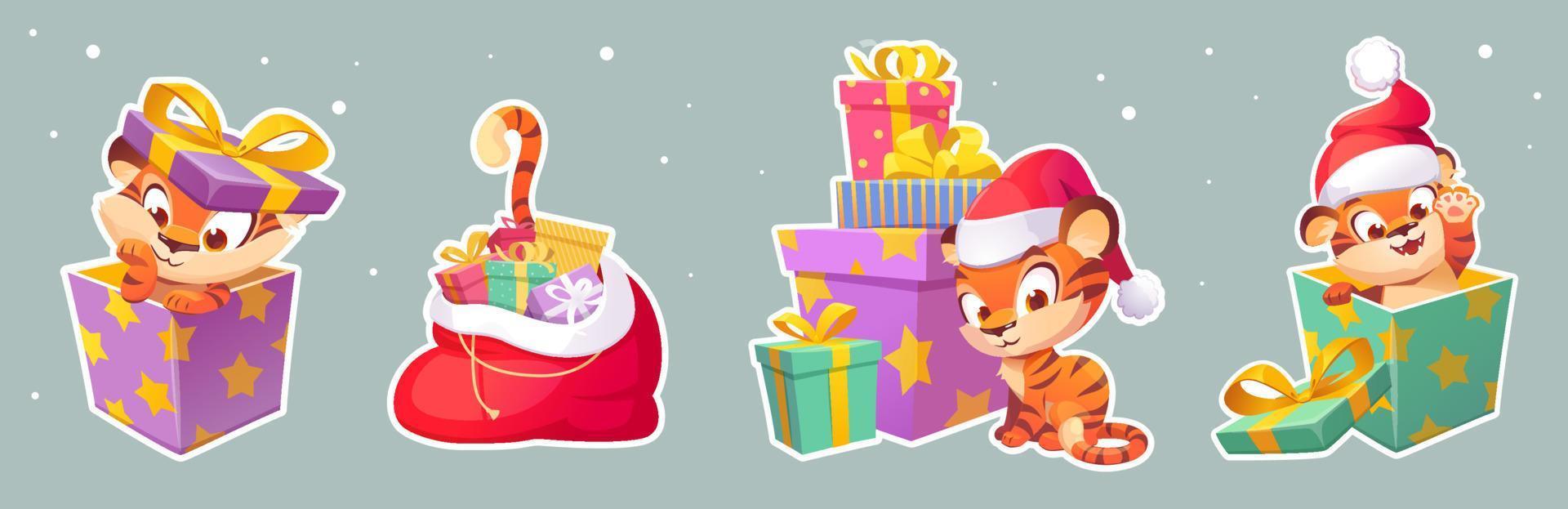 Set of stickers New Year tiger in Santa hat, 2022 vector