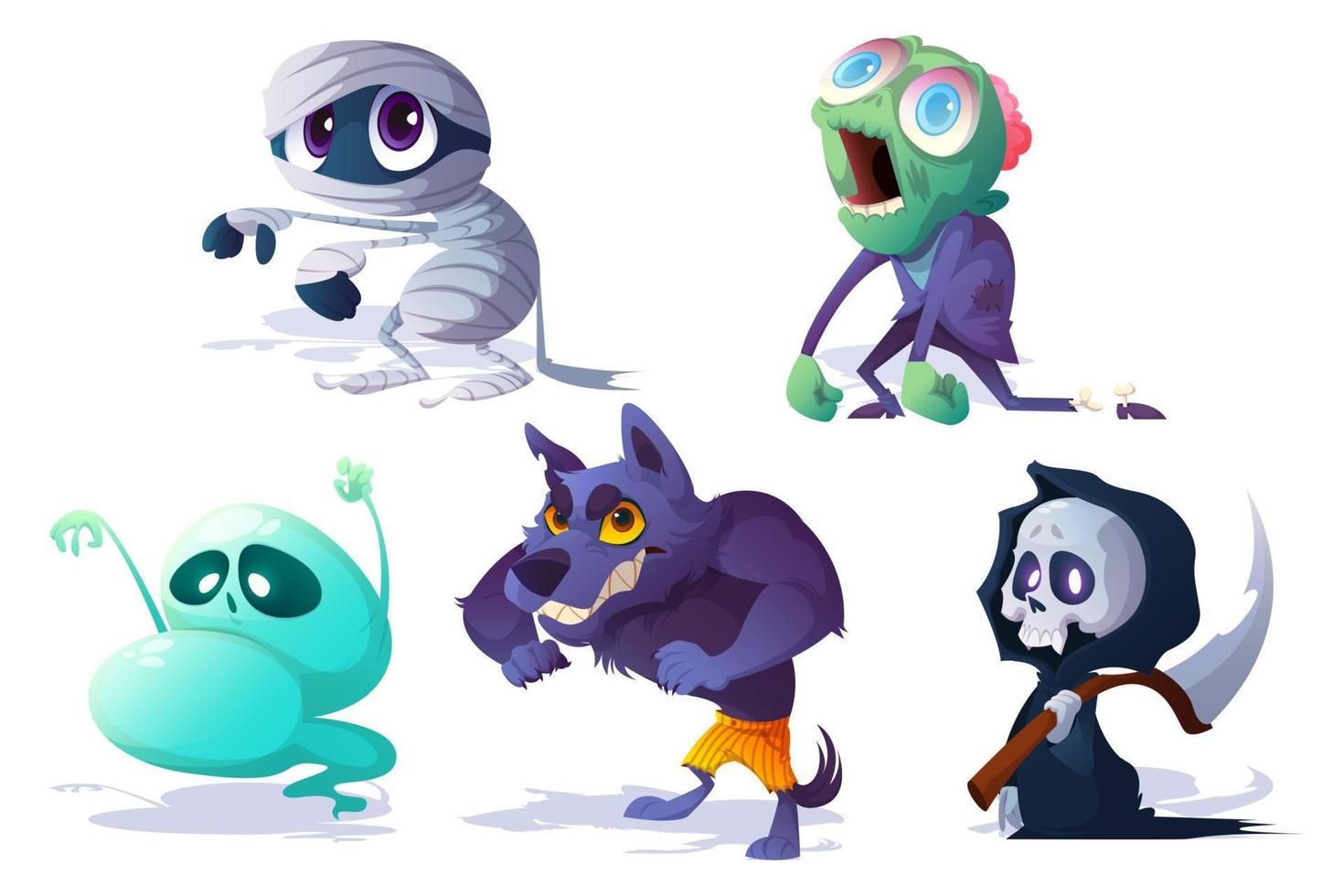 Scary Halloween characters, ghost, zombie vector