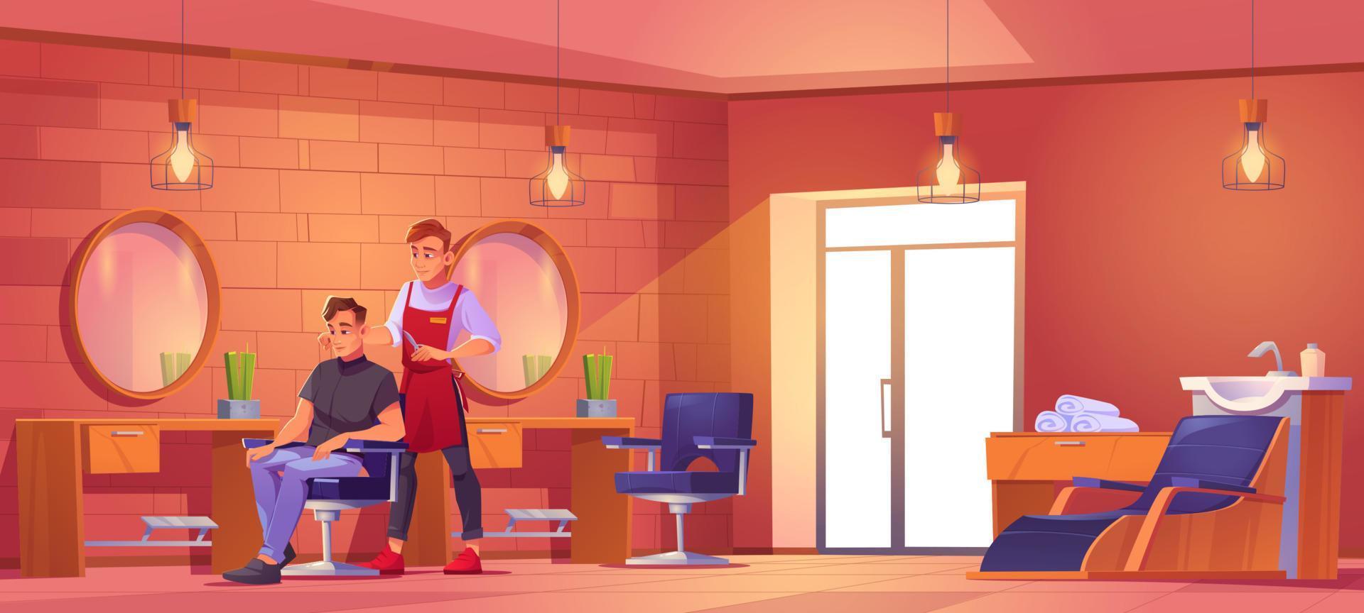 Man visit barbershop barber cutting hair to client vector