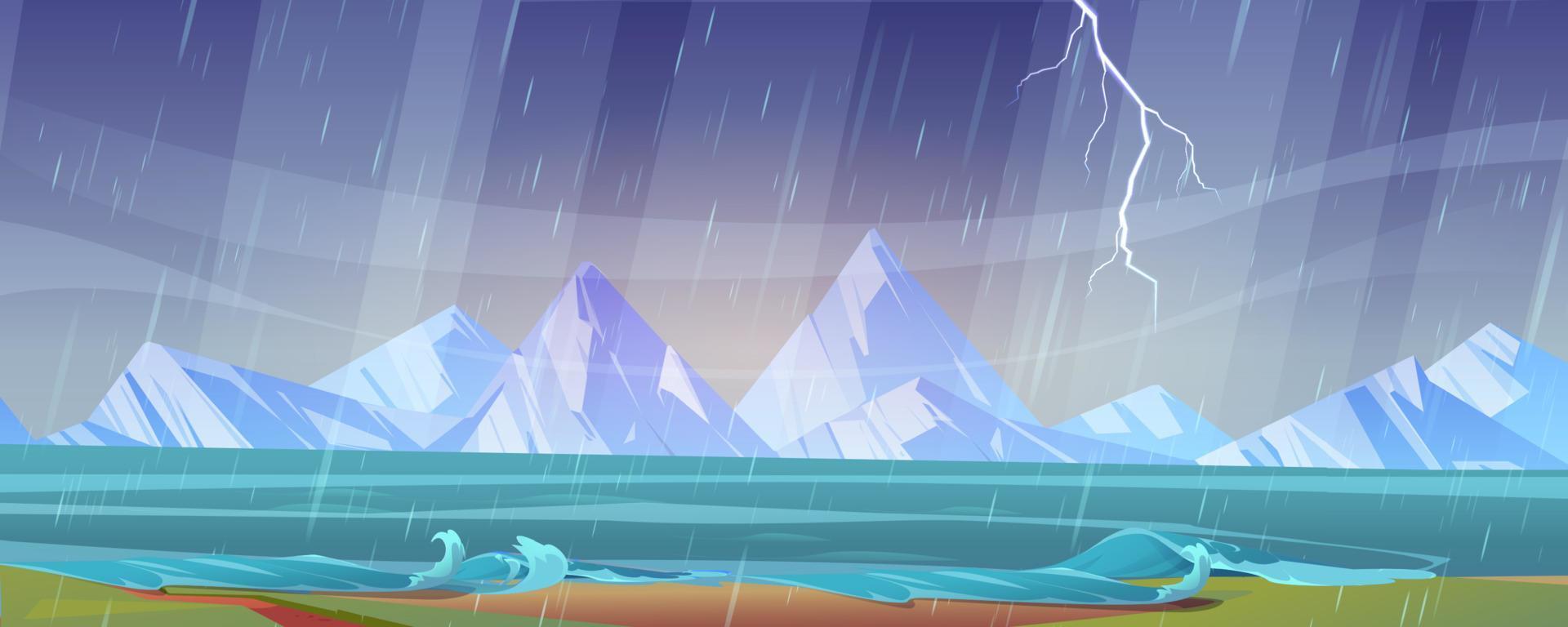 paisaje de tormenta con la orilla del río y las rocas vector