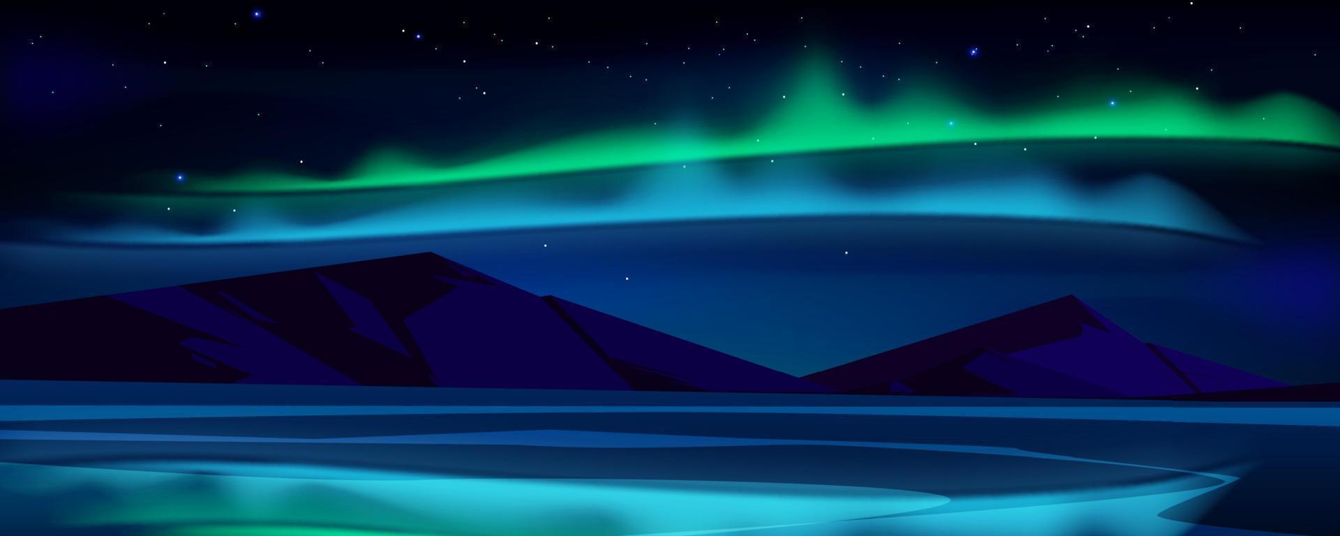 Night landscape with aurora borealis in sky vector