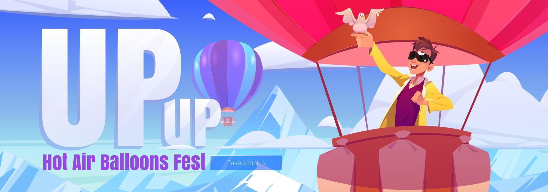 Hot air balloons fest cartoon web banner, travel vector