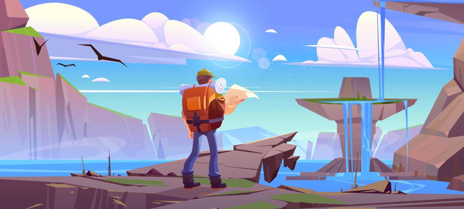 Traveler with map at mountain waterfall landscape vector