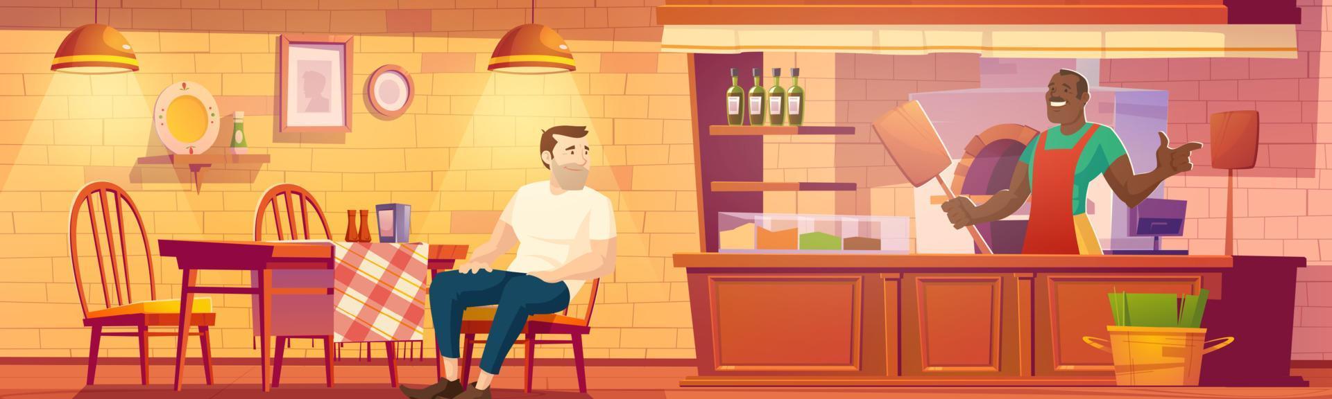 Visitor in pizzeria , man sit at cafe table, baker vector