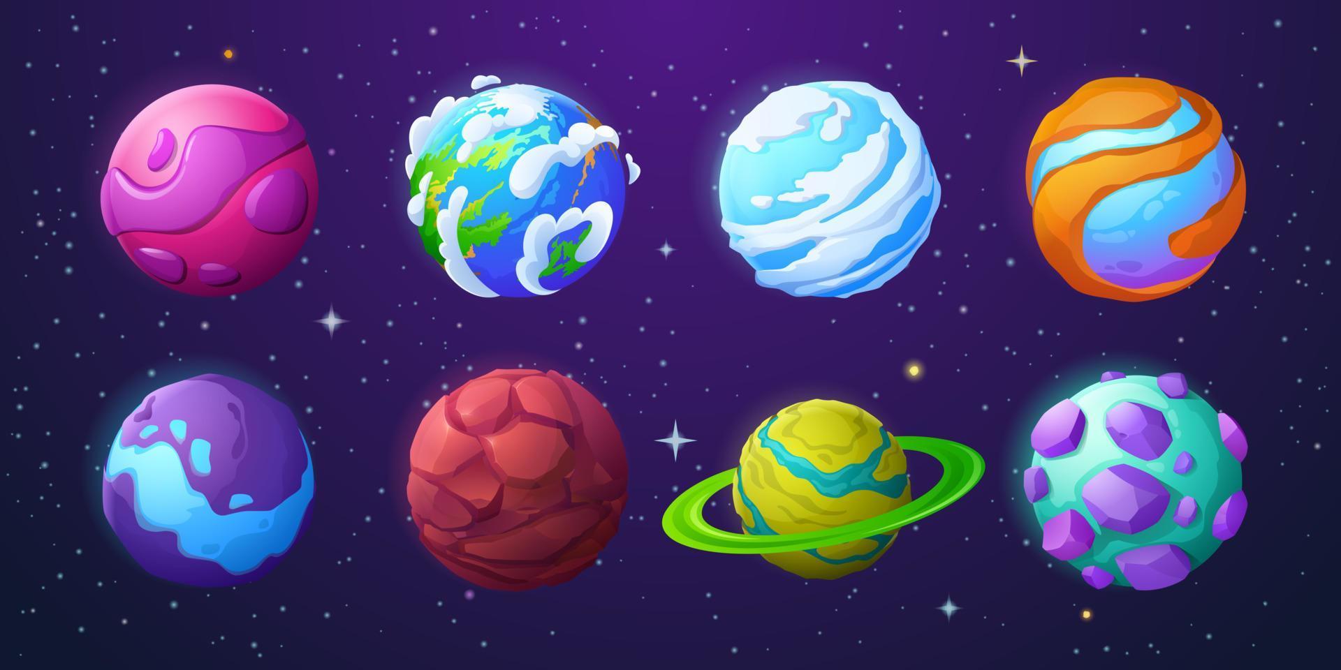 Set of fantastic planets asteroids, cosmic objects vector