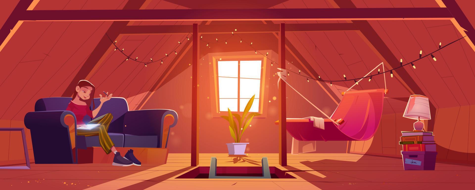 Young woman at home attic writing notes in notepad vector