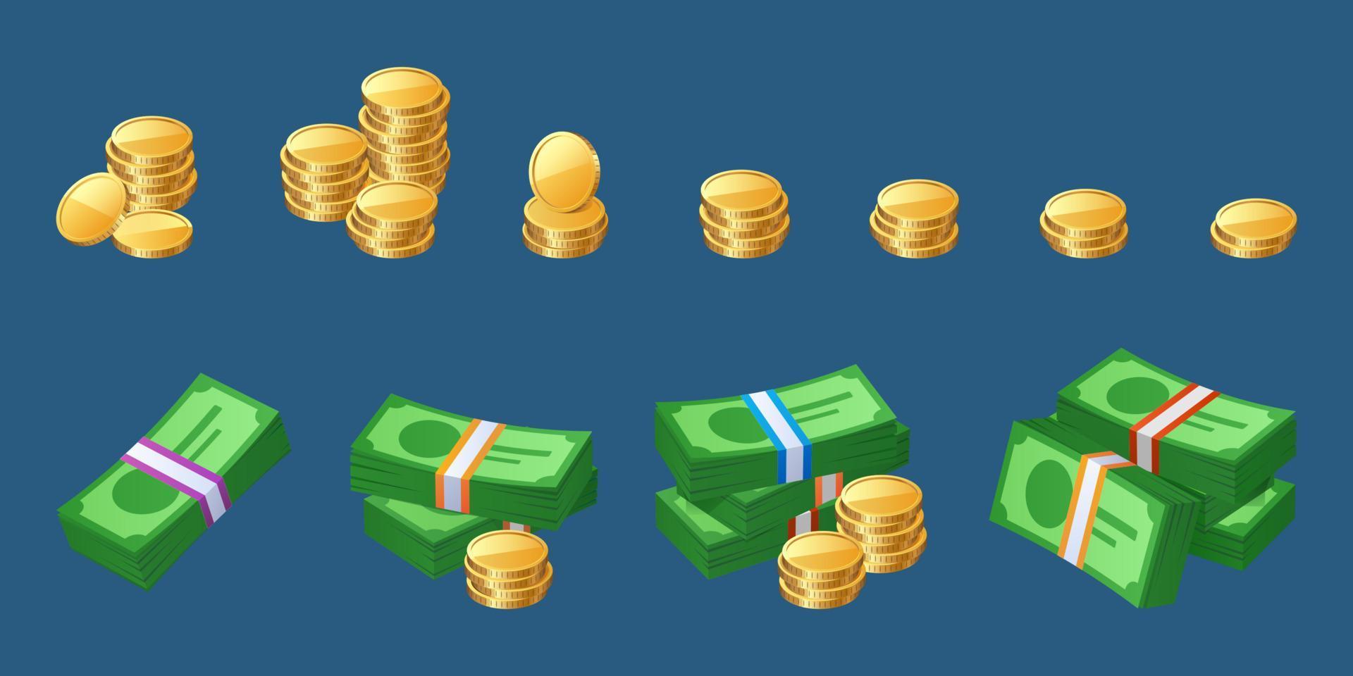Money cash icons with coins stacks and bills vector