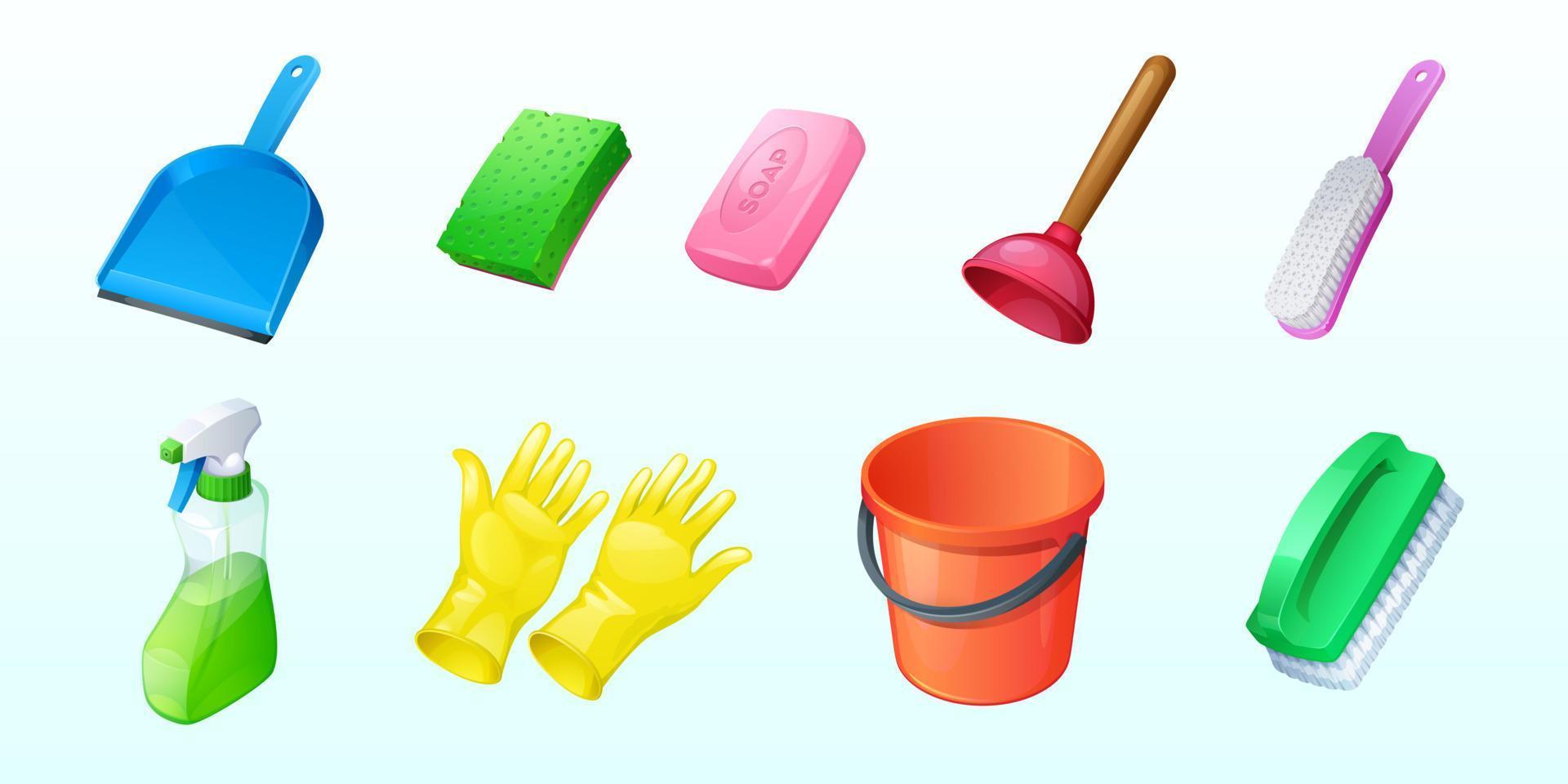 Cleaning icons with bucket, sponge and spray vector