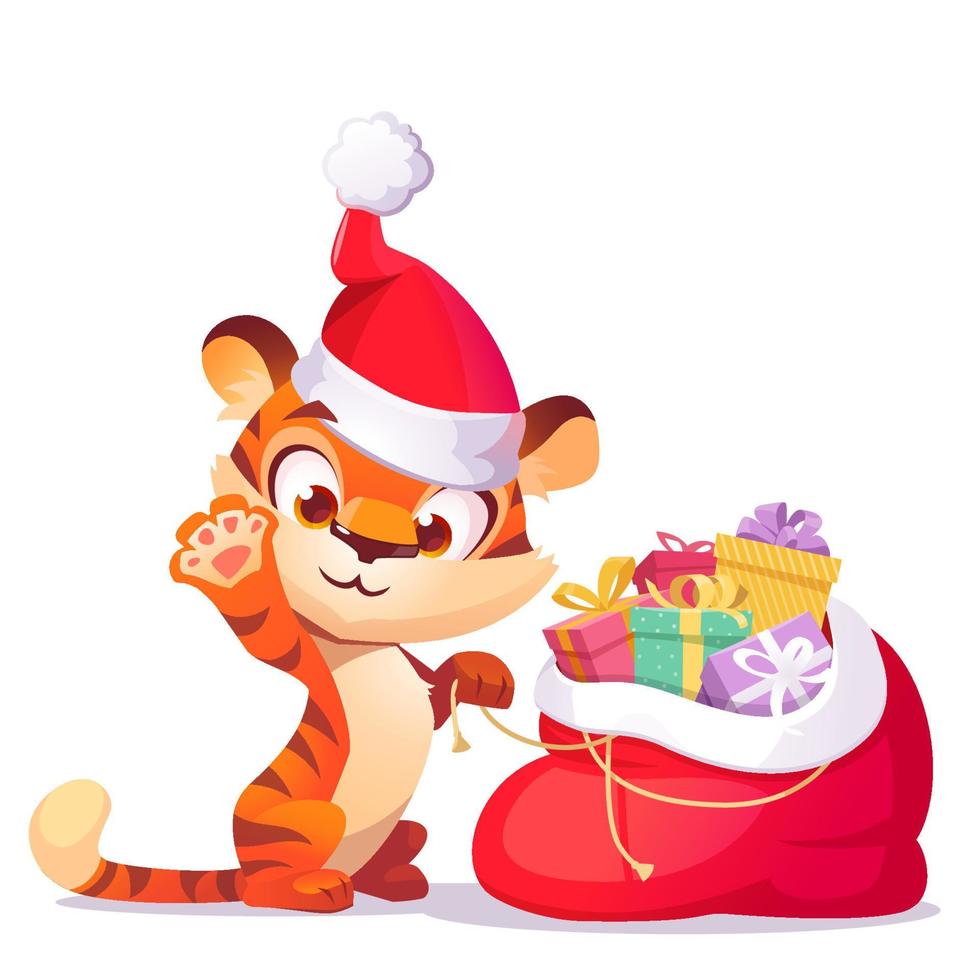 lindo tigre en sombrero de navidad con saco de regalo vector