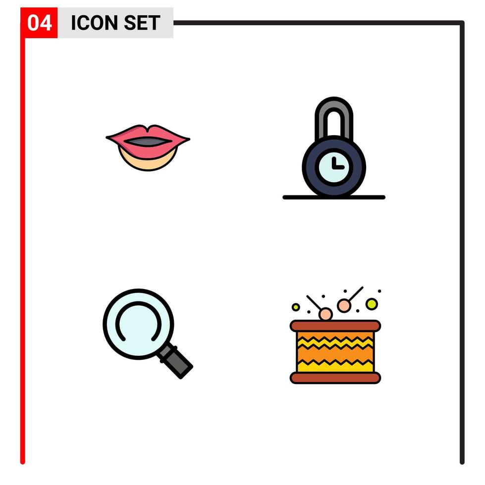 Universal Icon Symbols Group of 4 Modern Filledline Flat Colors of lips timbrel protection magnifier sound Editable Vector Design Elements