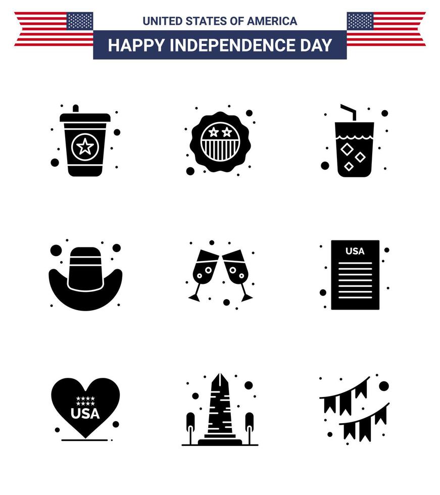 Group of 9 Solid Glyphs Set for Independence day of United States of America such as declaration wine drink beer cap Editable USA Day Vector Design Elements