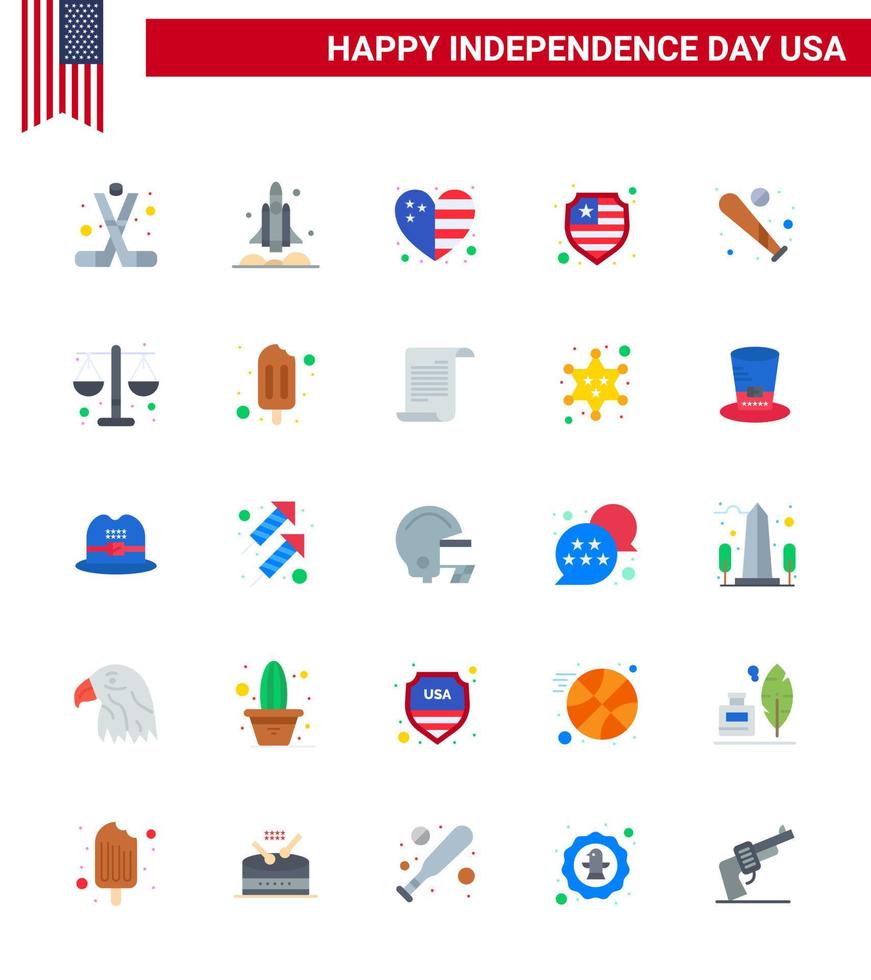 USA Independence Day Flat Set of 25 USA Pictograms of ball protection transport american flag Editable USA Day Vector Design Elements