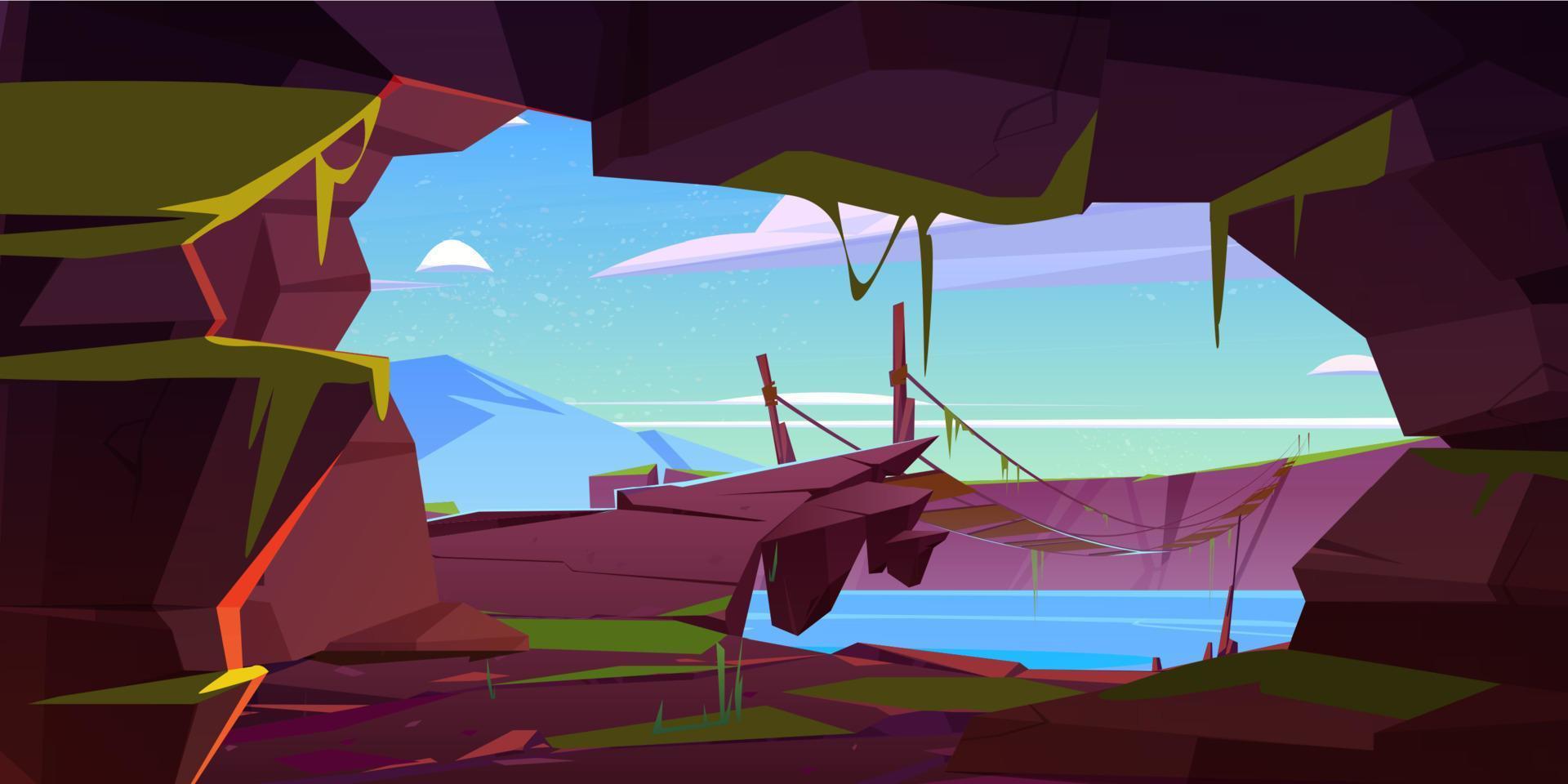 Cave in rock and suspension bridge over river vector