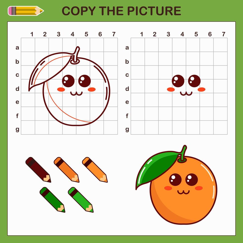 copiar dibujo de naranja. hoja de trabajo de dibujo vectorial con linda naranja. juego educativo para niños. tutorial de arte infantil con paleta de colores. vector
