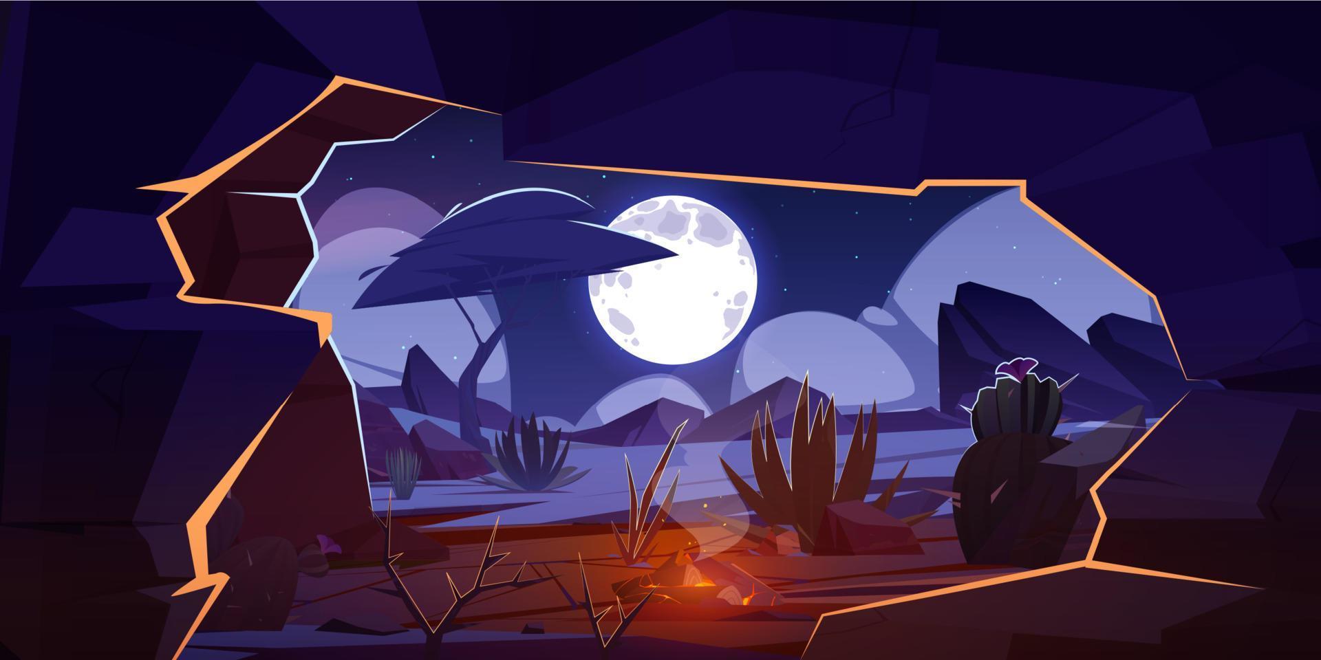 Cave with bonfire and night desert landscape. vector