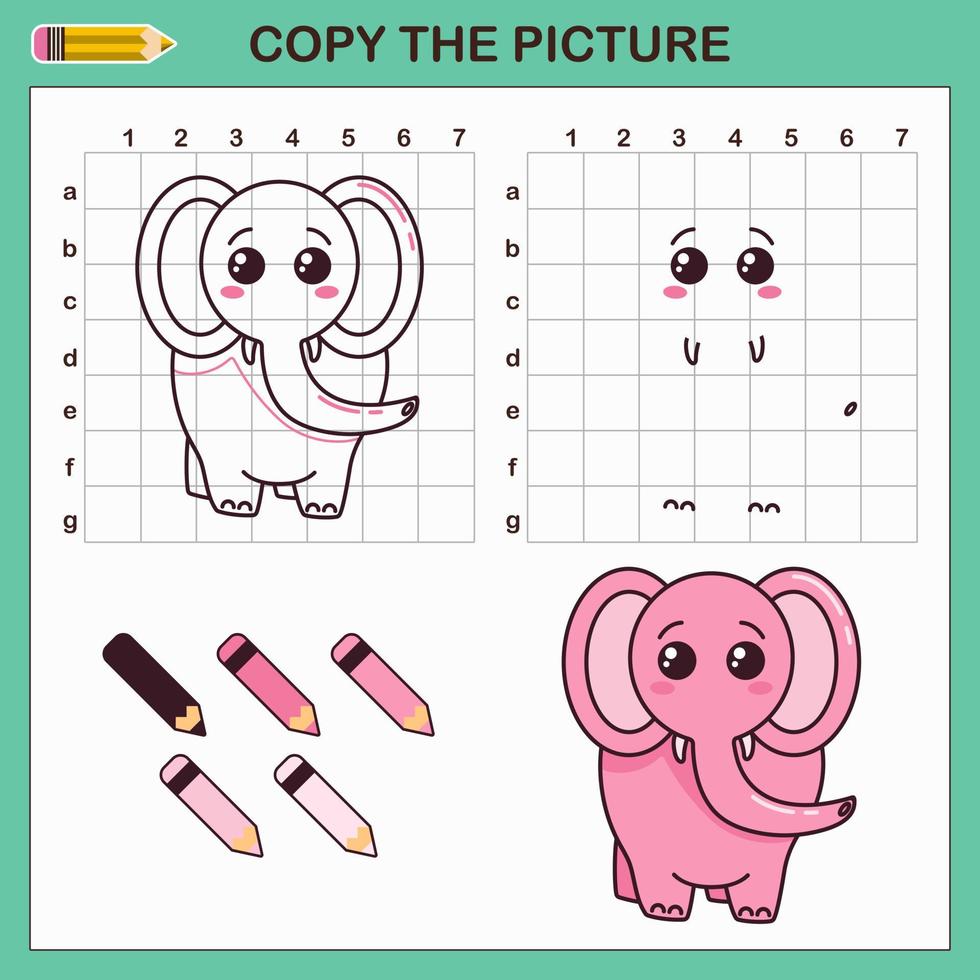 Copy drawing of Elephant. Vector draw worksheet with cute pink elephant. Education game for kids. Children art tutorial with color palette.