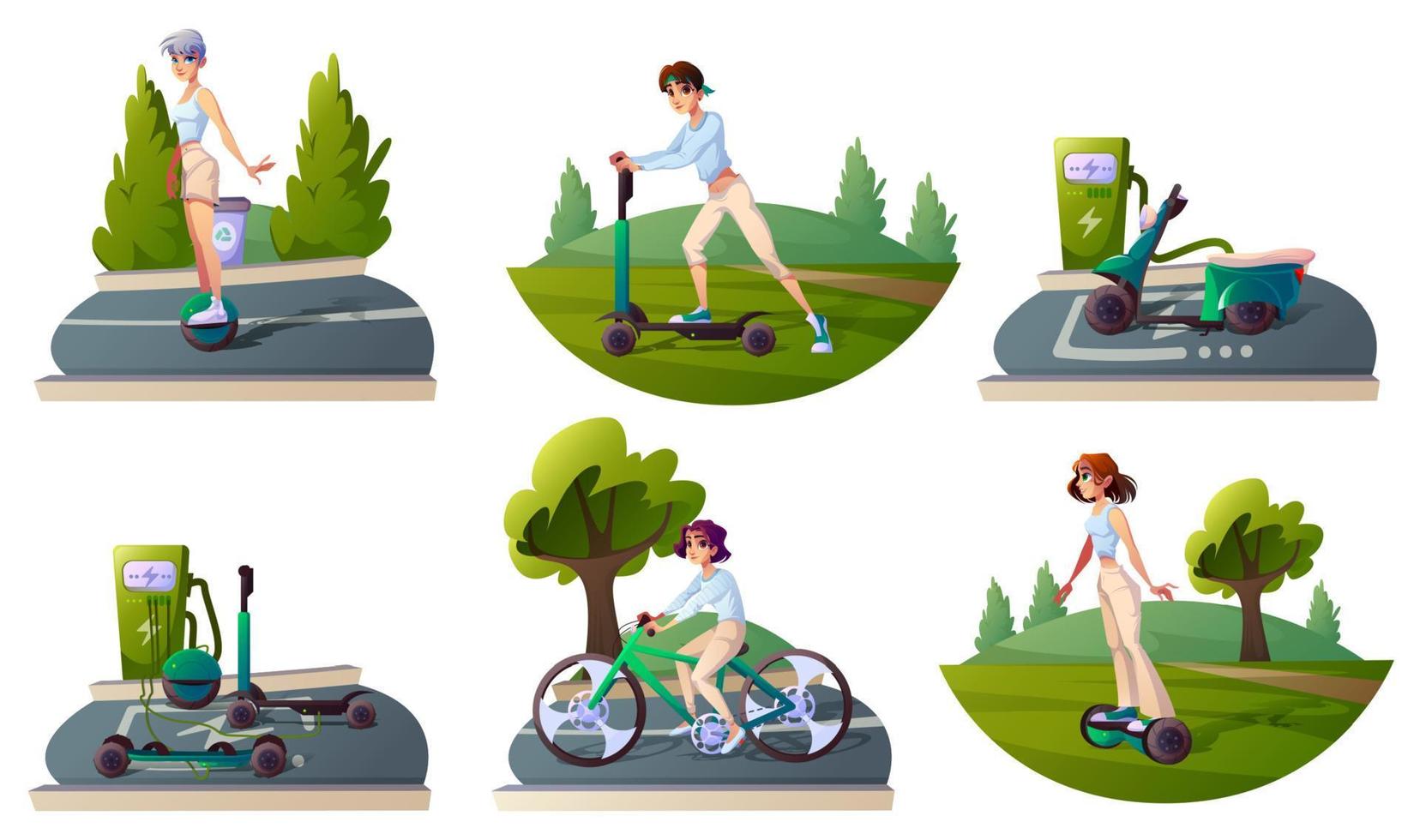 Set people riding ecology transport and recharge vector
