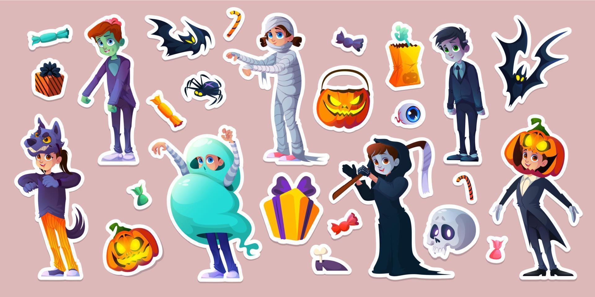 Halloween stickers with people in scary costumes vector