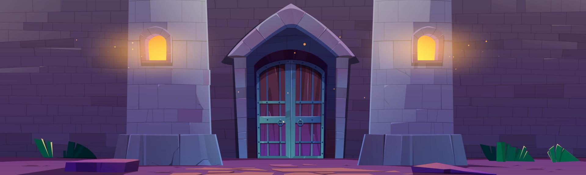 Medieval castle gate at night, palace exterior vector