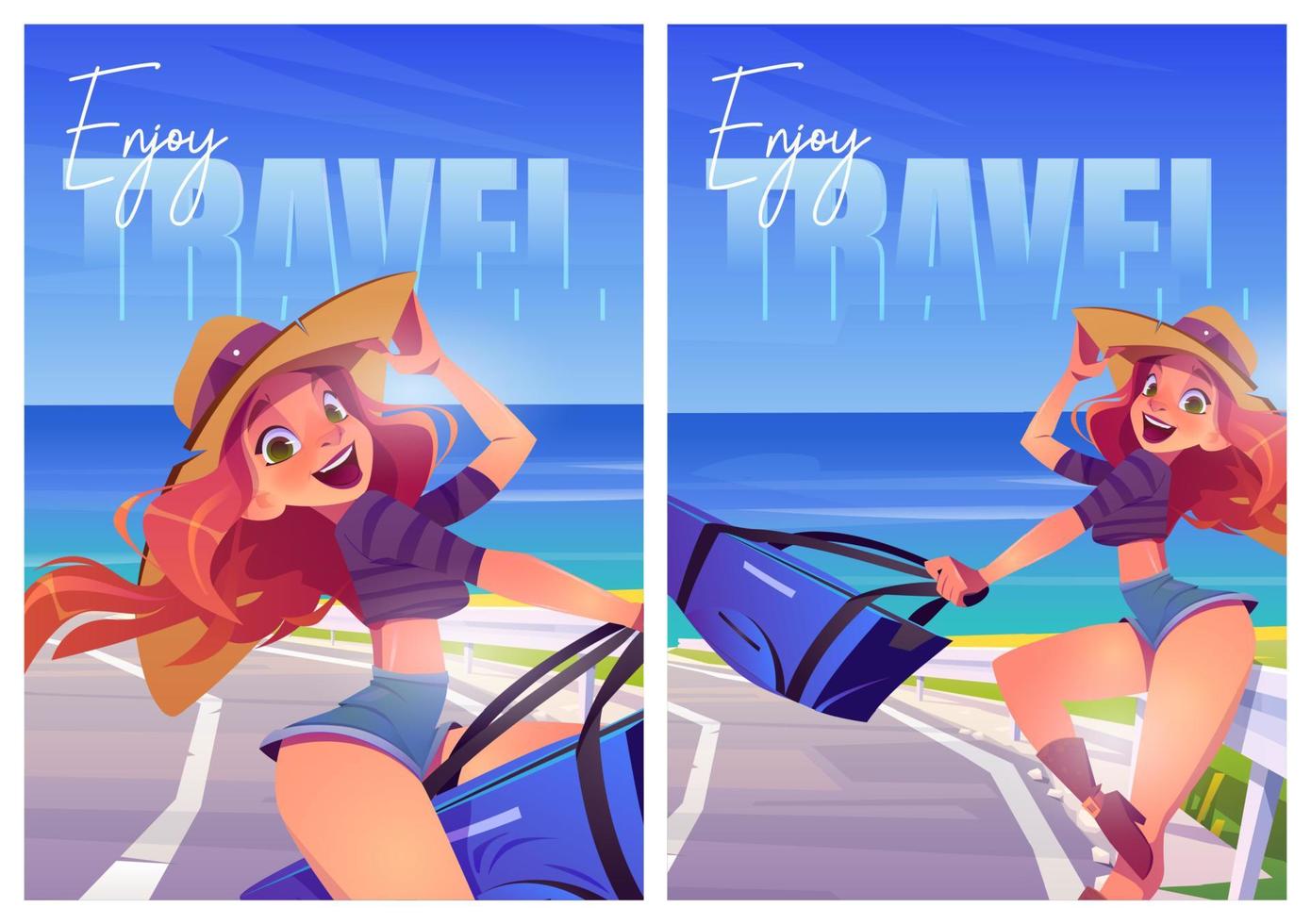 Enjoy summer travel cartoon posters, ocean journey vector