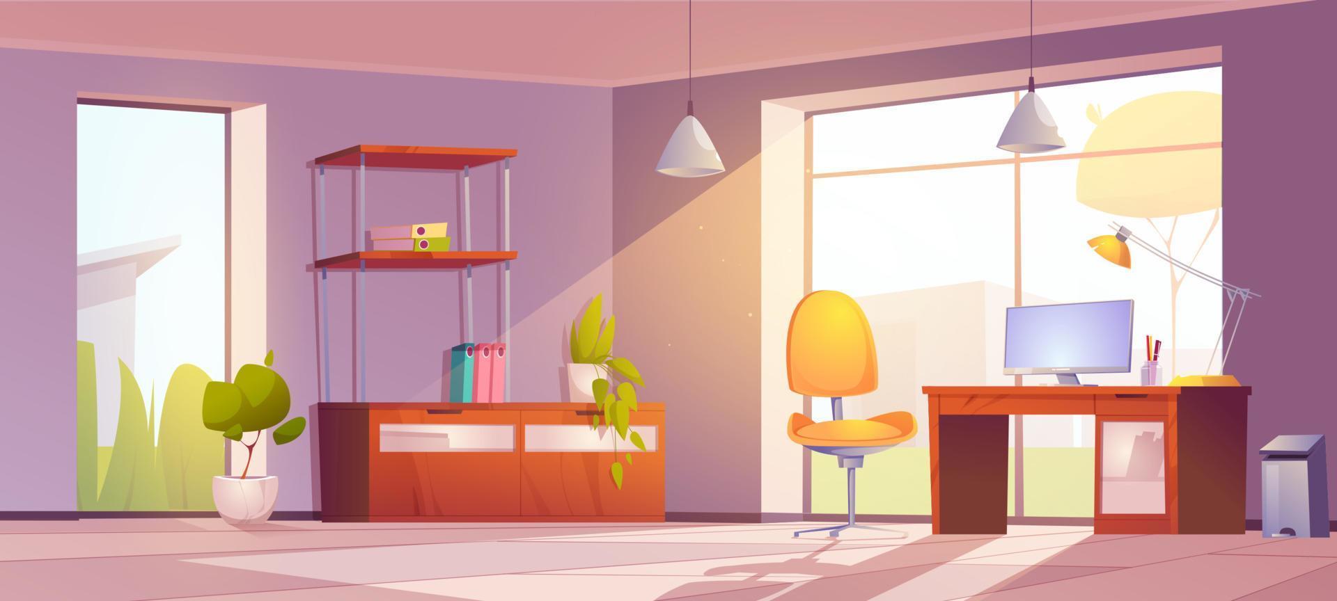 Home office with desk, monitor, chair and bookcase vector