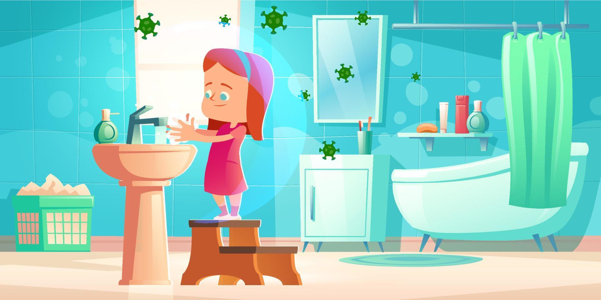 Girl wash hands in bathroom with flying bacterias vector