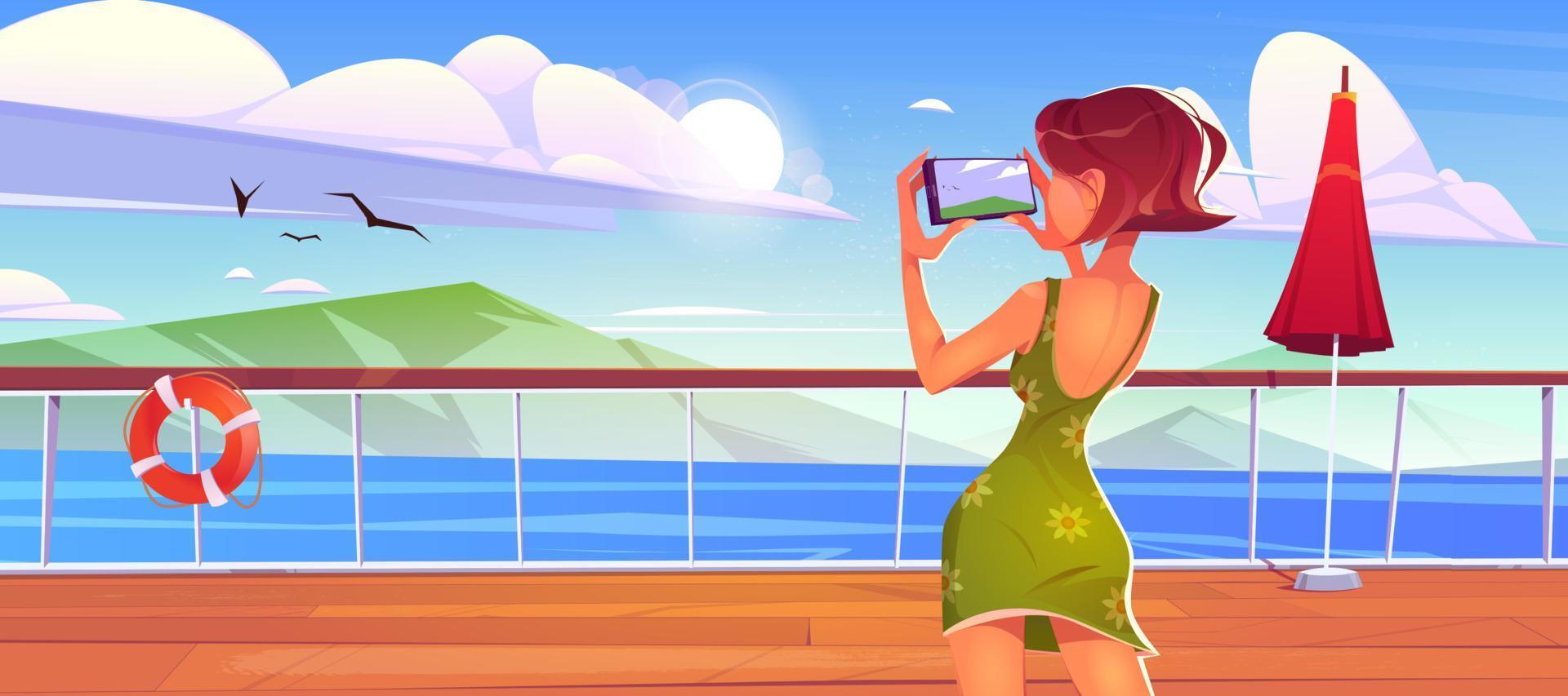 Woman on cruise liner deck shoot seascape view vector