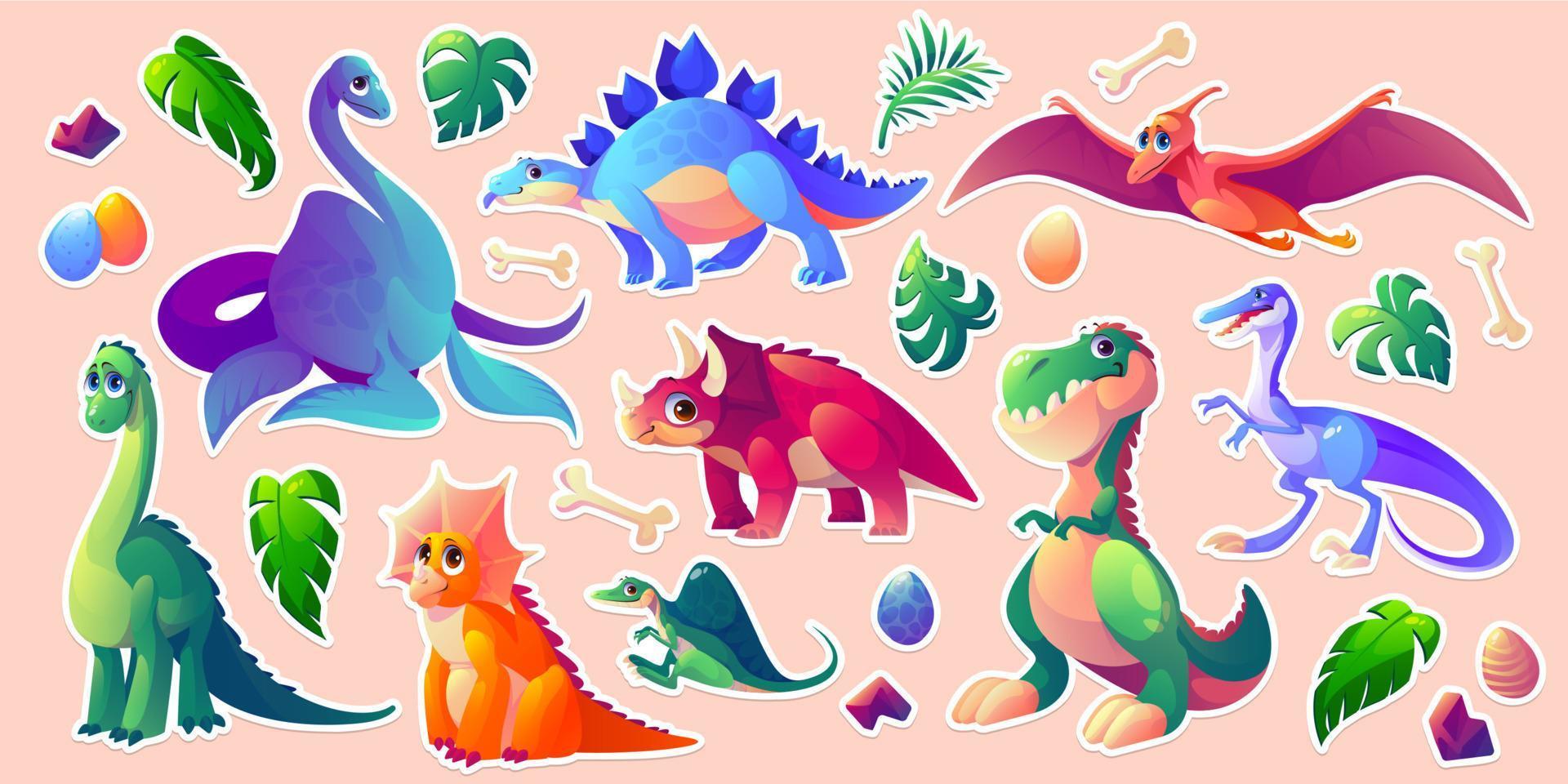 Dinosaurs stickerpack, dino cartoon characters set vector