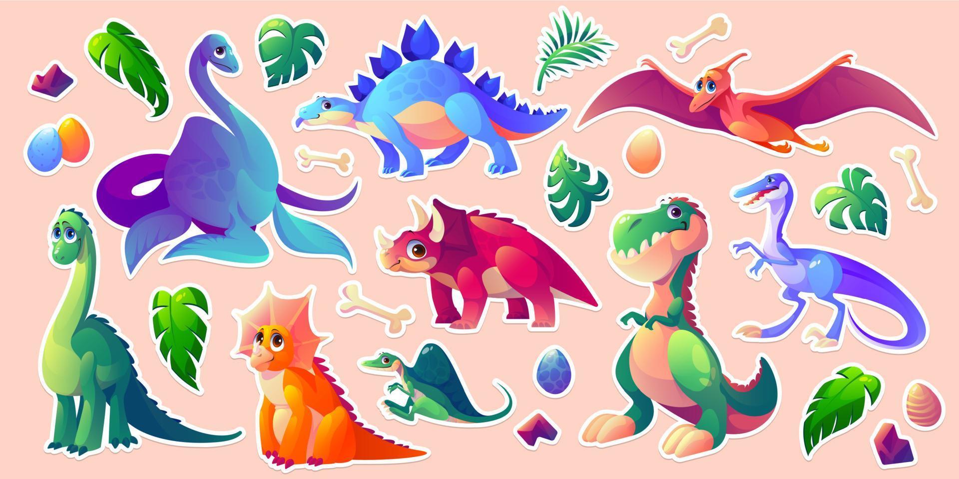 paquete de pegatinas de dinosaurios, conjunto de personajes de dibujos animados de dino vector