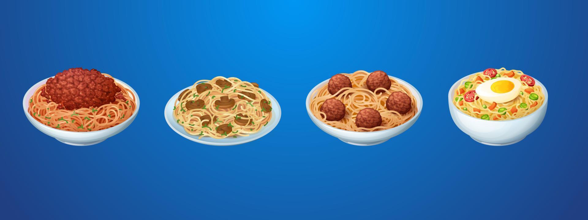 Set of pasta meals, restaurant or homemade noodles vector