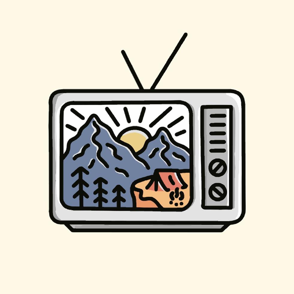 Nature camping outdoor in old TV shape in mono line art for t-shirt, badge, sticker, etc vector