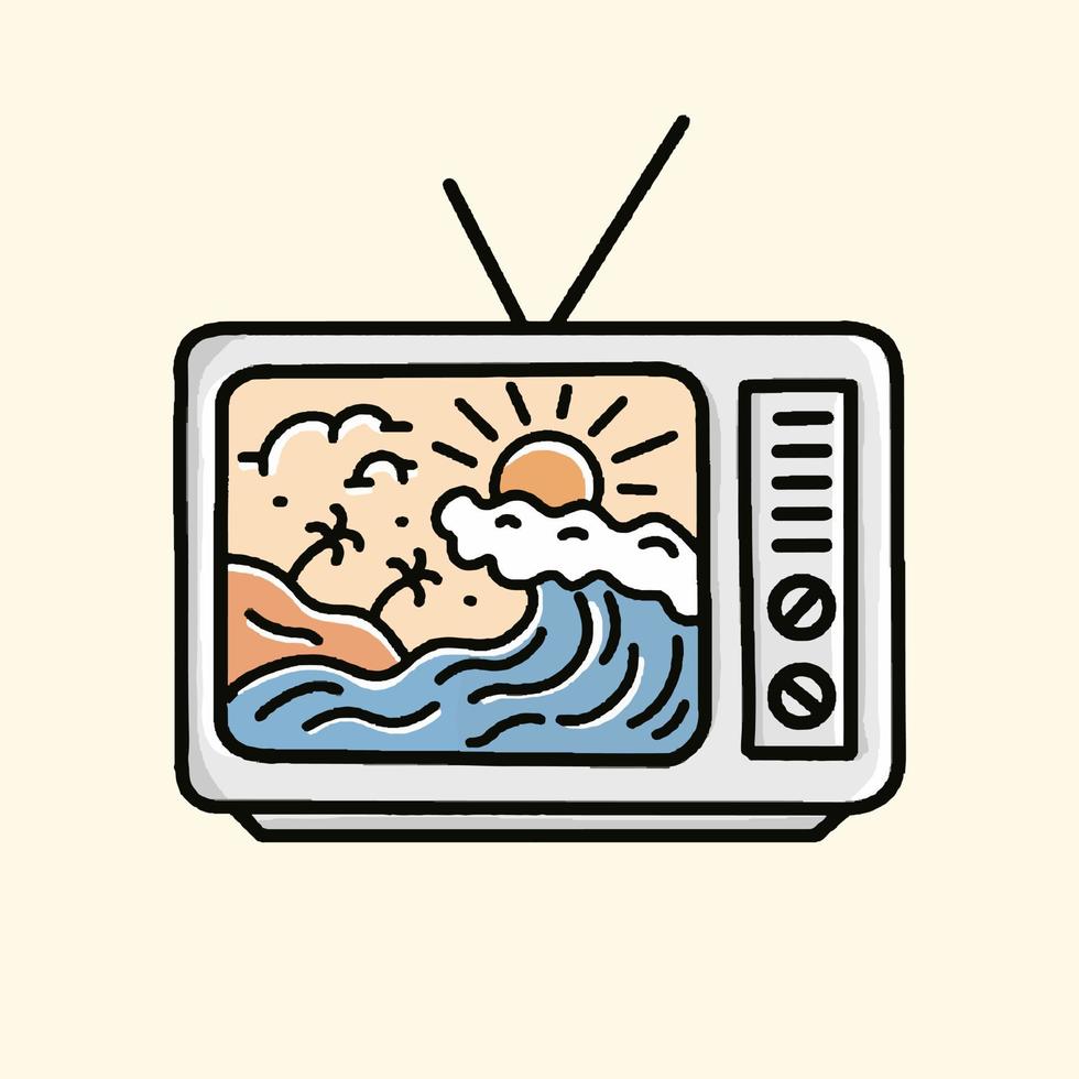 ilustración de la ola en la playa en forma de televisión antigua en arte de línea mono para el diseño de camisetas, insignias, pegatinas, etc. vector