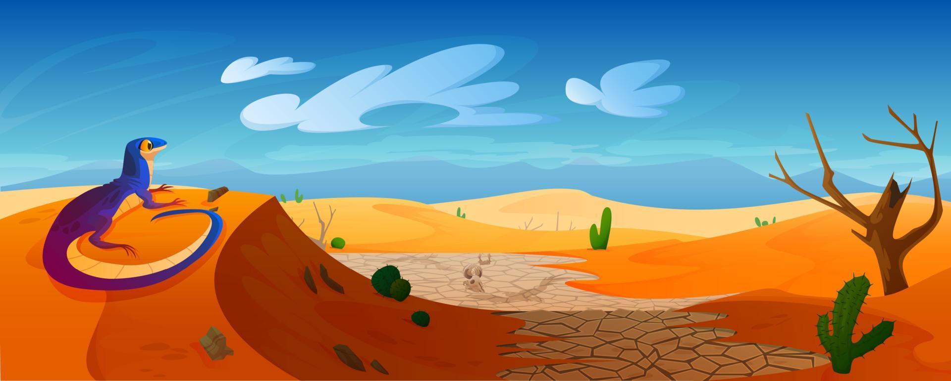 el lagarto se sienta en una duna en el desierto con arena dorada vector
