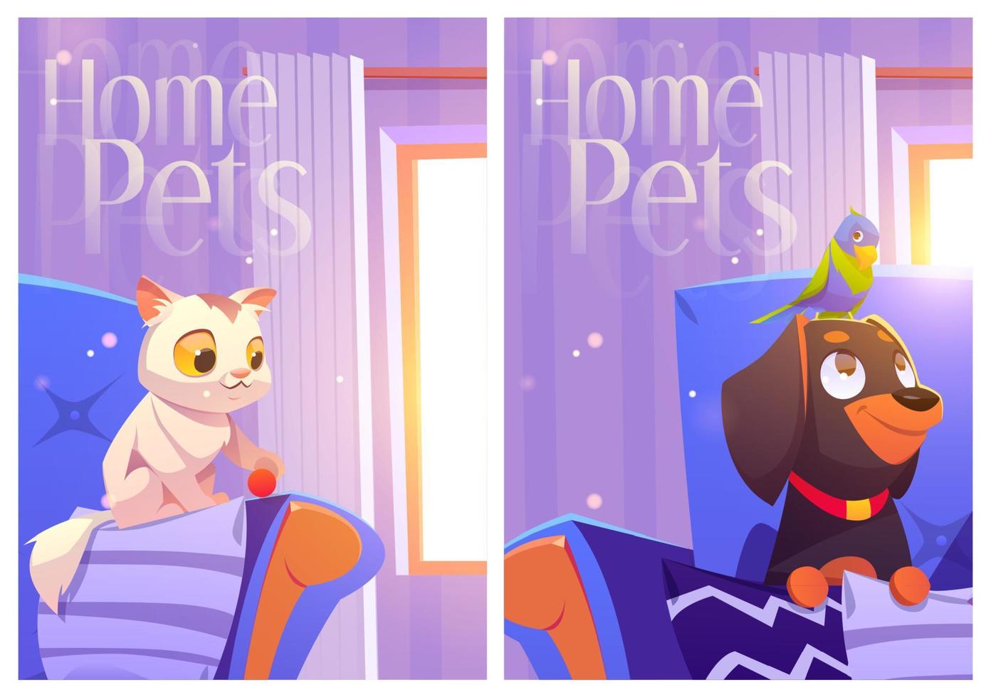 Home pets cartoon posters with kitten, parrot, dog vector