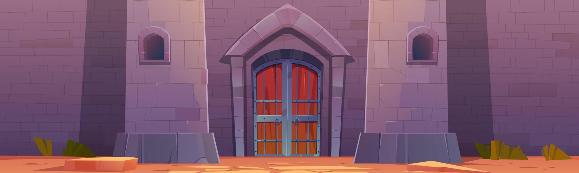 Medieval castle with wooden gates in stone wall vector