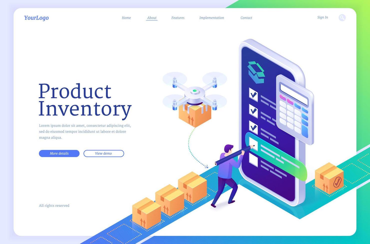 Product inventory isometric landing page, banner vector