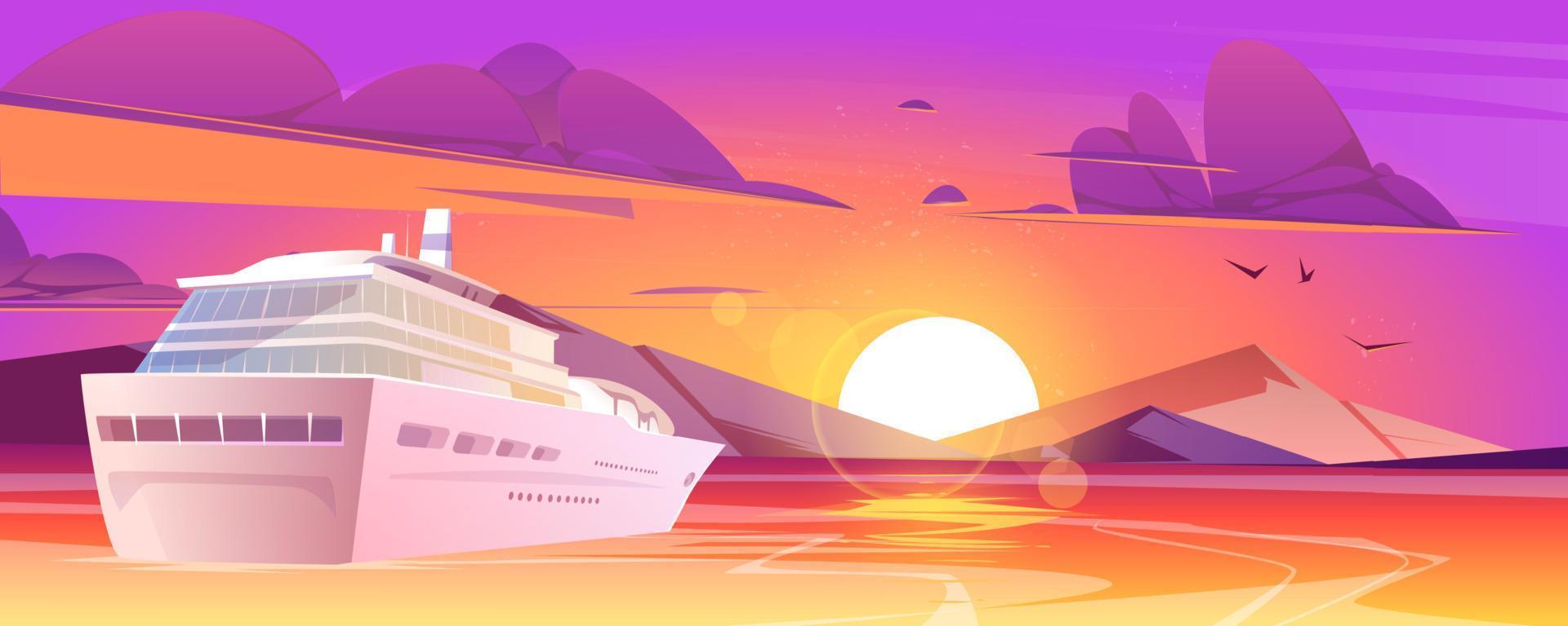 Cruise ship in sea with mountains at sunset vector