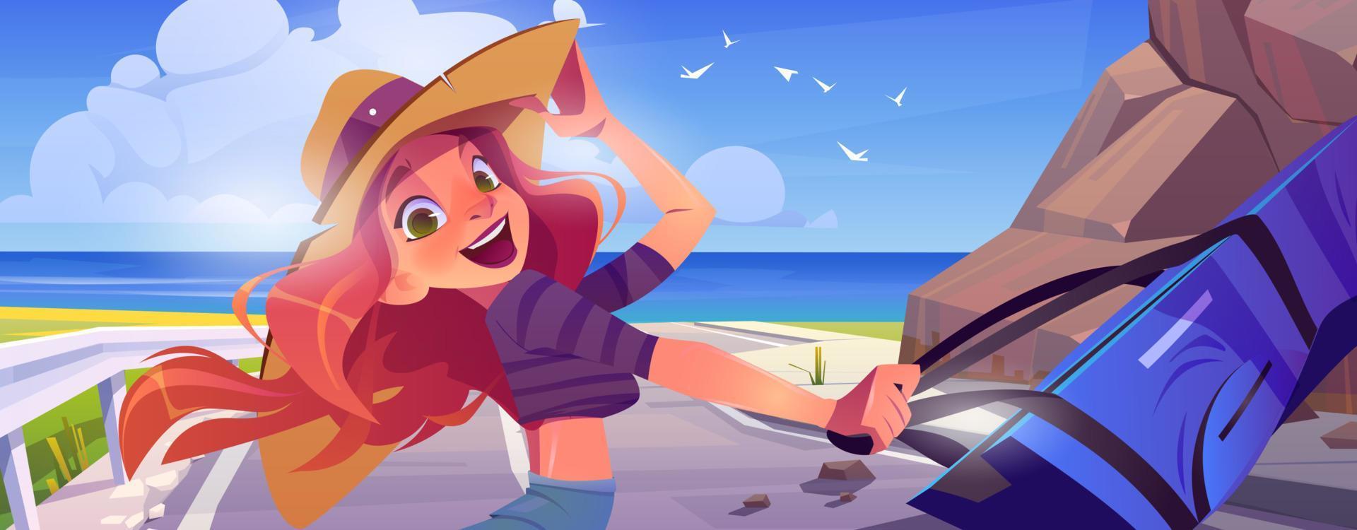 Happy girl with suitcase on road to sea beach vector
