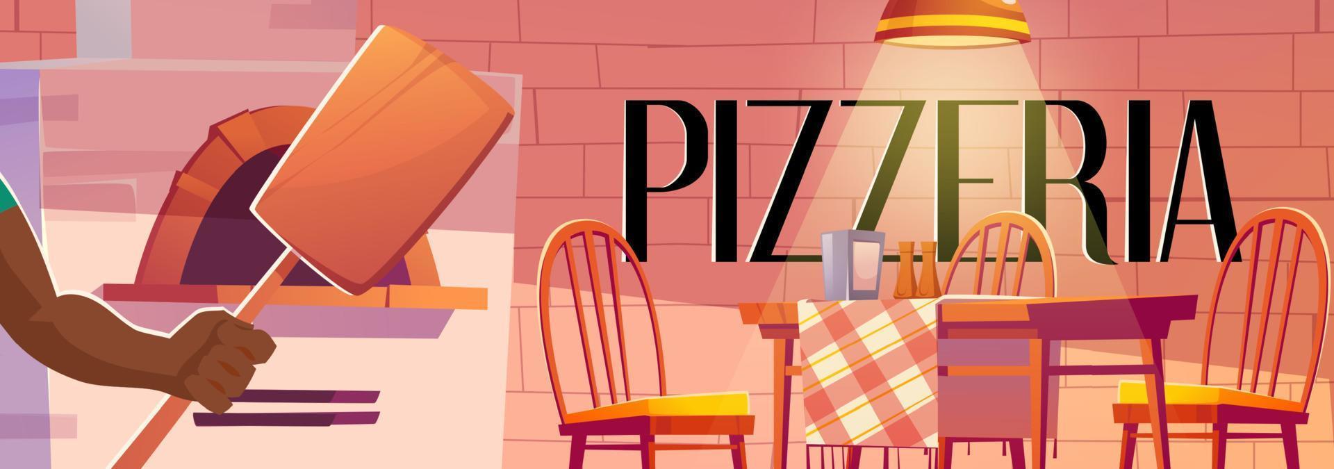 Pizzeria poster with cozy cafe interior with oven vector
